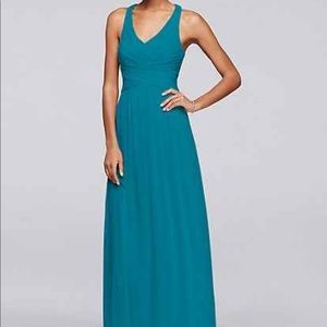 David’s Bridal Teal Mesh Long Bridesmaid Dress